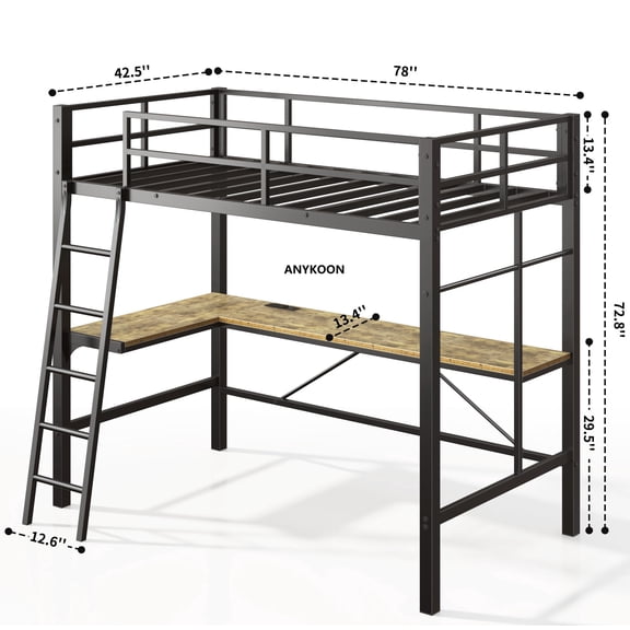 ANYKOON Twin Size Metal Loft Bed with L-Shaped Desk & Charging Station, Sturdy Study Bed Frame with Safety Guard & Ladder, No Box Spring Needed, Space-Saving Black
