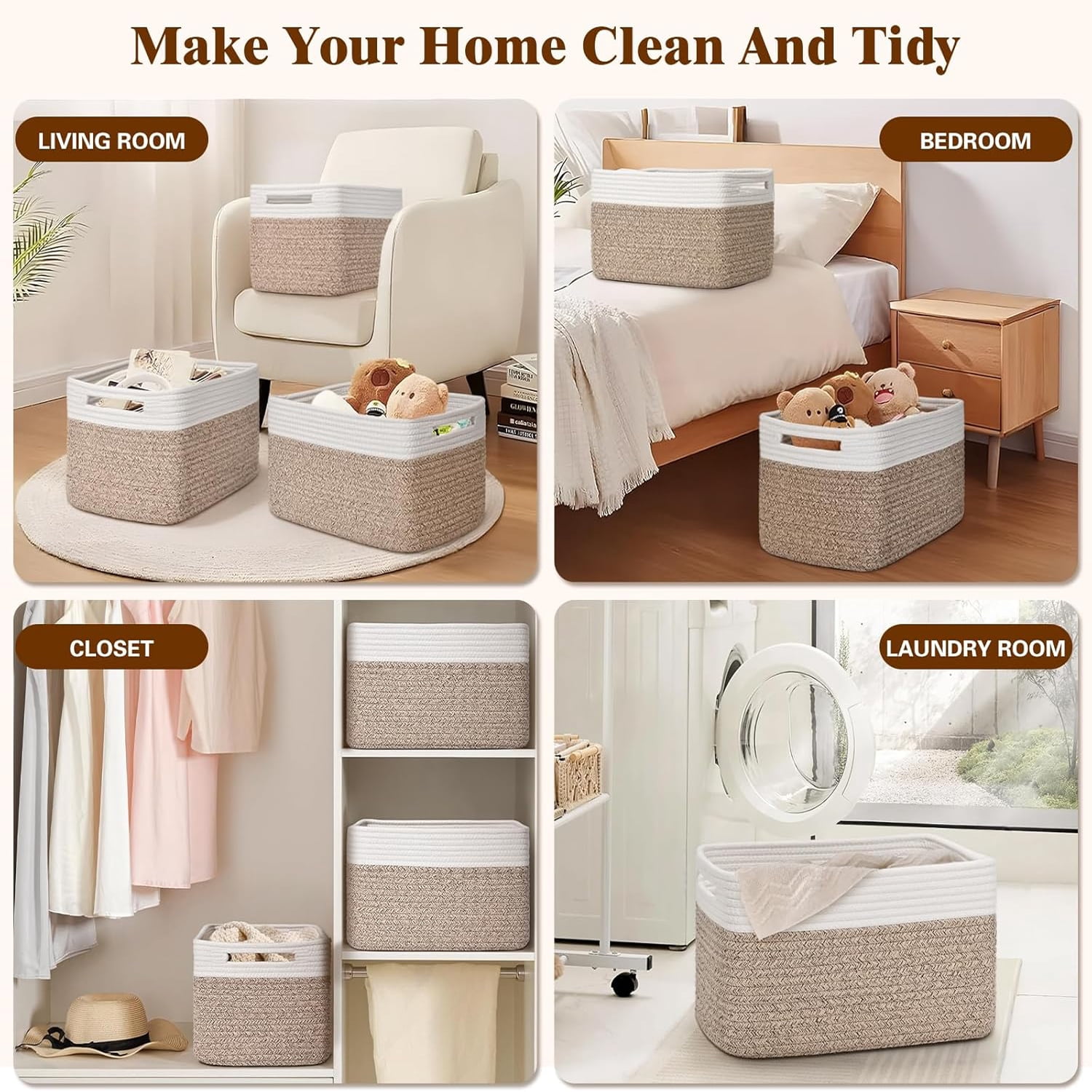 Natubeau 4 Pack Woven Storage Basket for Shelves, 13"x9"x8" Cotton Rope Woven Baskets for Organizing, Square Storage Bins with Handle, Brown & White