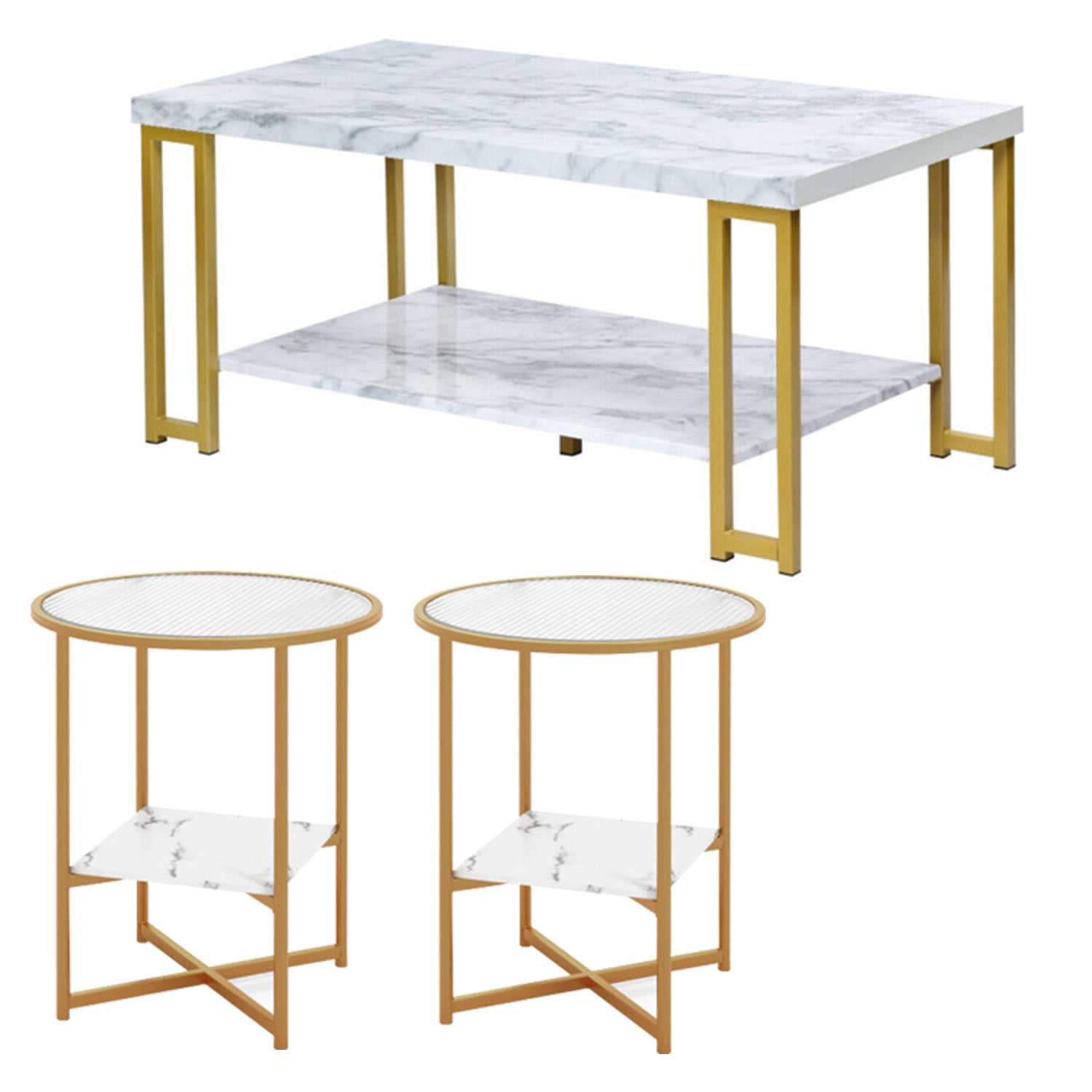 Demi Bonn 3-Piece Coffee Table Set, Rectangular Modern Coffee Table with Gold Print Metal Frame & 2-Tier Glass End Table Set of 2 with Faux Marble Storage Shelf, for Living Room, White