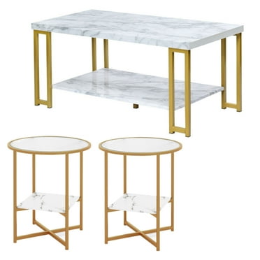 Spaco Modern 2-Tier Table Set of 3, 2-Tier Rectangular Modern Coffee Table with Gold Print Metal Frame and Glass End Table Set of 2, Table Set for Indoor, White