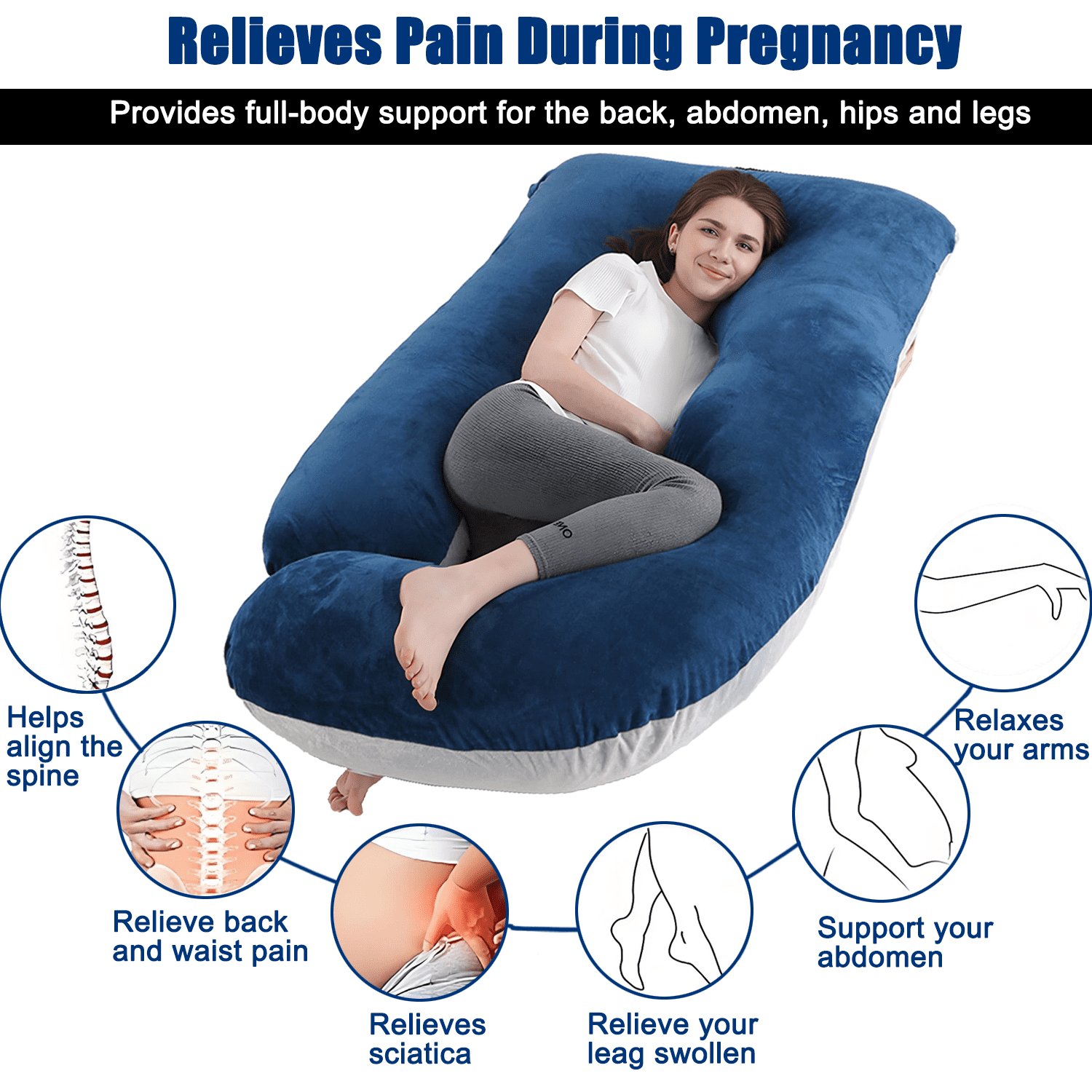 COOKEY Pregnancy Pillow with Removable Velvet Cover,U Shaped Full Body Maternity Pillows for Sleeping 72inch,Gray&Navy blue