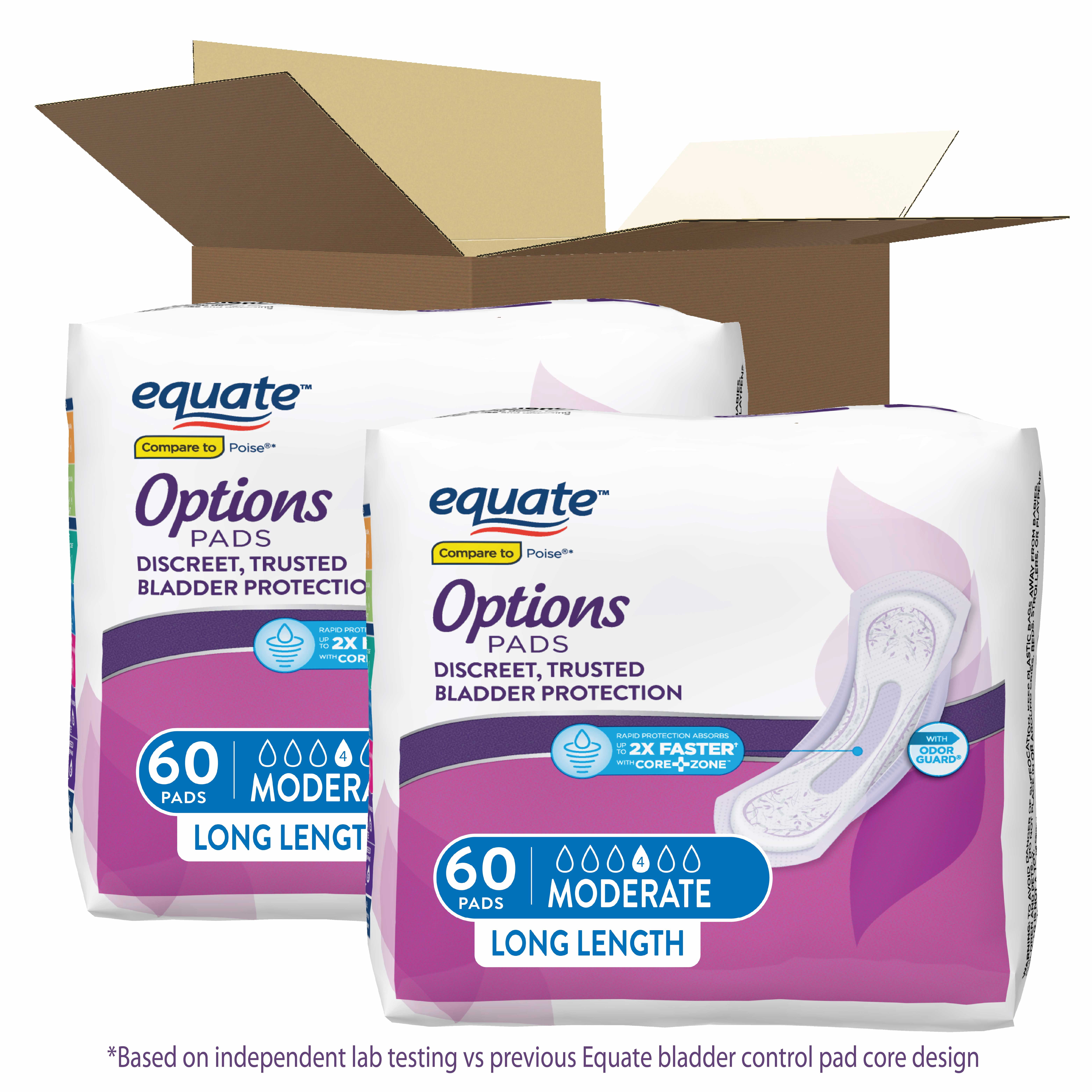 Equate Options Women's Incontinence Pads, Moderate Absorbency, Long Length (120 Count), Compare to Poise®