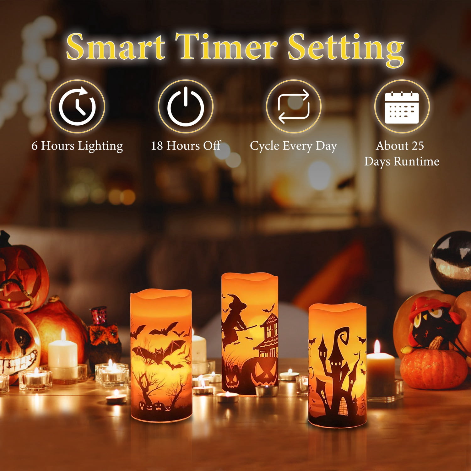 3Pcs Halloween Flameless Warm Orange Light Candle Lamp  Battery Operated Candles w/ Timer Setting