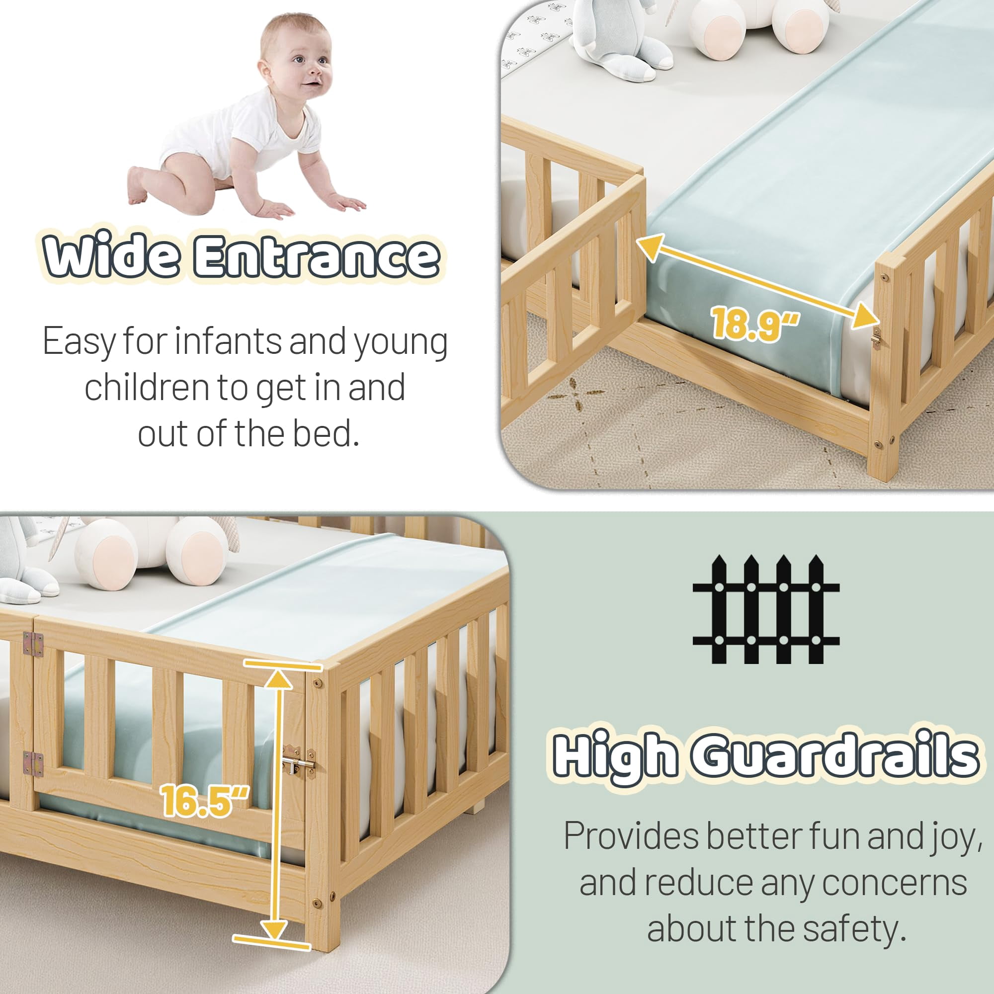 Mirightone Full Floor Bed with Rails and Door, Montessori Floor Bed with Support Slats,No Box Spring Needed, Natural
