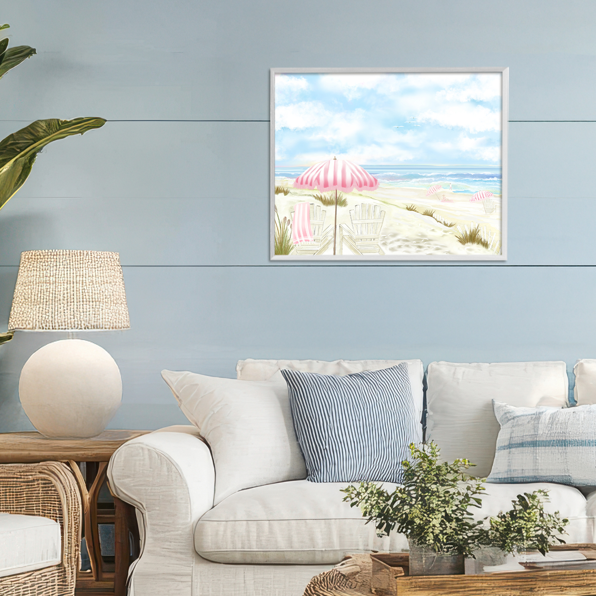 Seascape with Pink Umbrella White Framed Giclee Art, design by Lori Mosley
