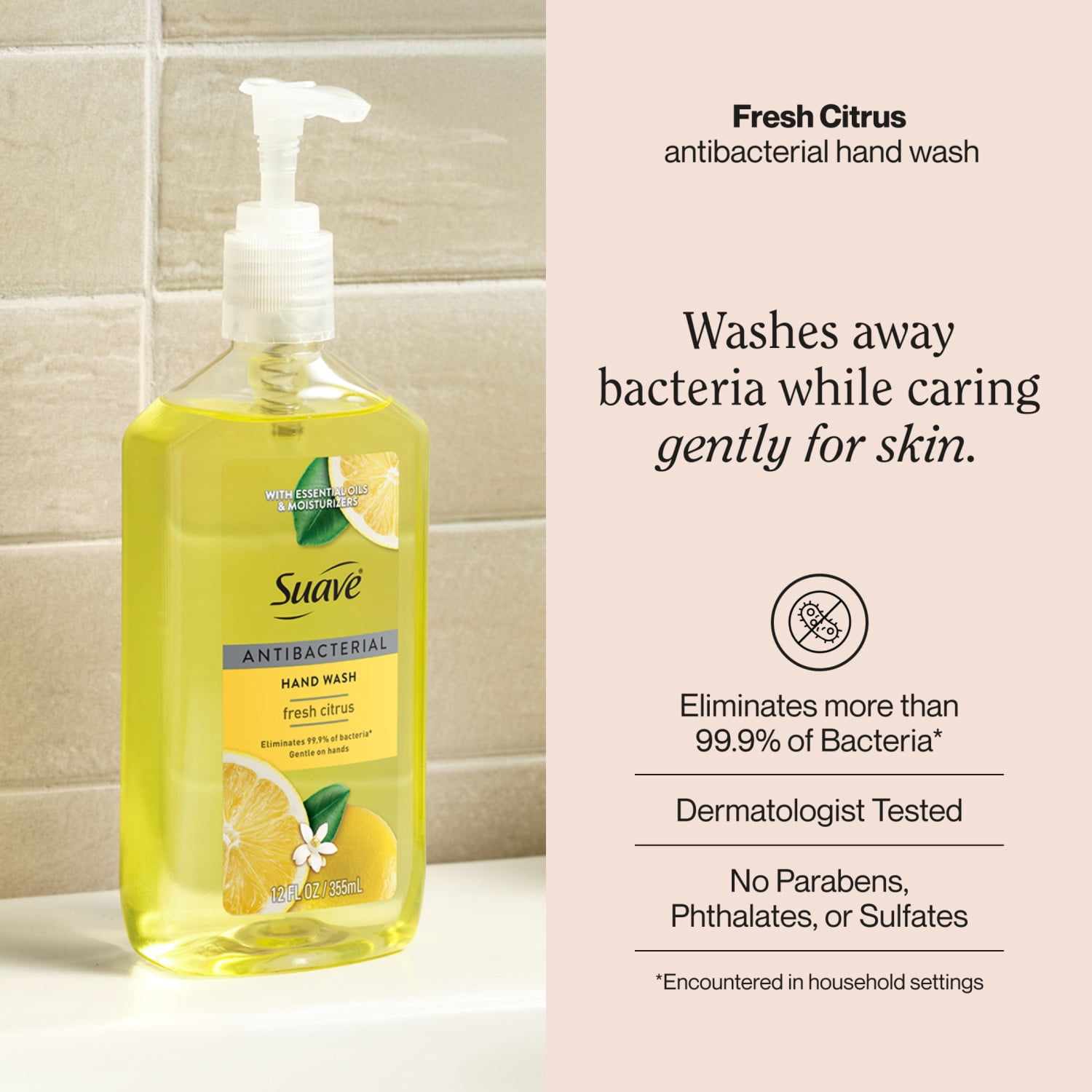 Suave Antibacterial Hand Wash Soap, Fresh Citrus, Kills 99.9% of Bacteria, 12 FL OZ Pump
