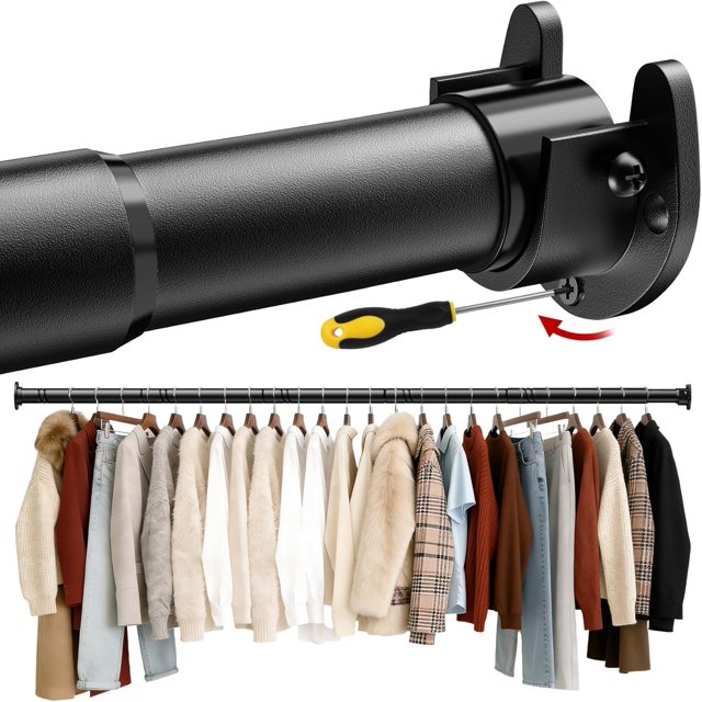 Barra para ropa de armario, barra para ropa de metal ajustable y continua de 17-84 pulgadas, barra para ropa de armario resistente para armarios, lavandería, baño, RV, negro