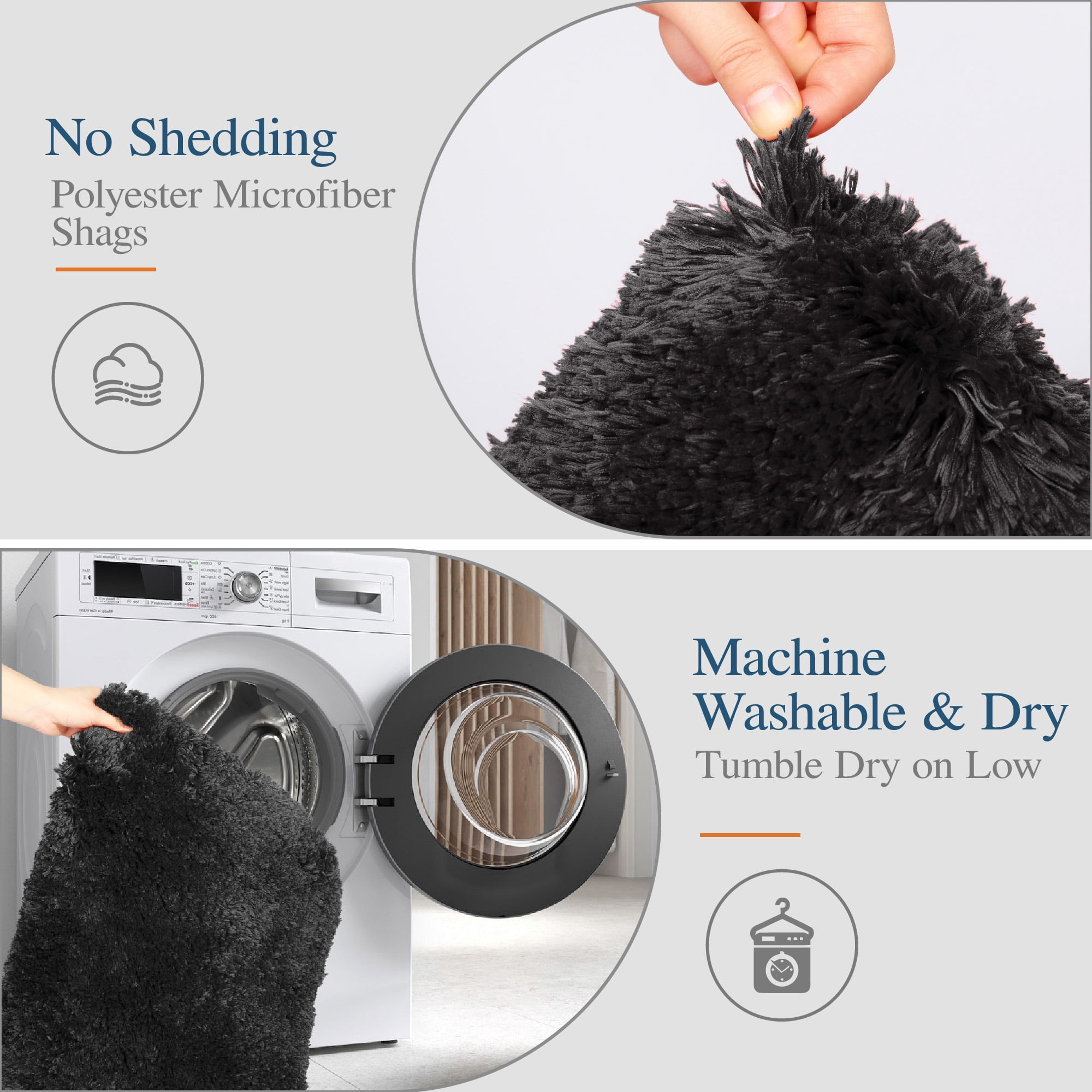 Walensee Shag Bath Rug, Non Slip Bath Mat for Bathroom, 24"x36", Black, Machine Wash