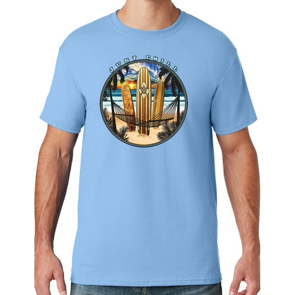 Mens Manu Bay Surf Company JUST CHILL SURFING T-shirt, 3XL Light Blue