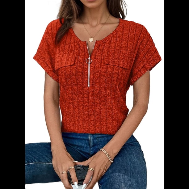 Blusas de Talla Grande para Mujer, Túnicas de Corta con Cremallera de 1/4, Color Caramelo XXL