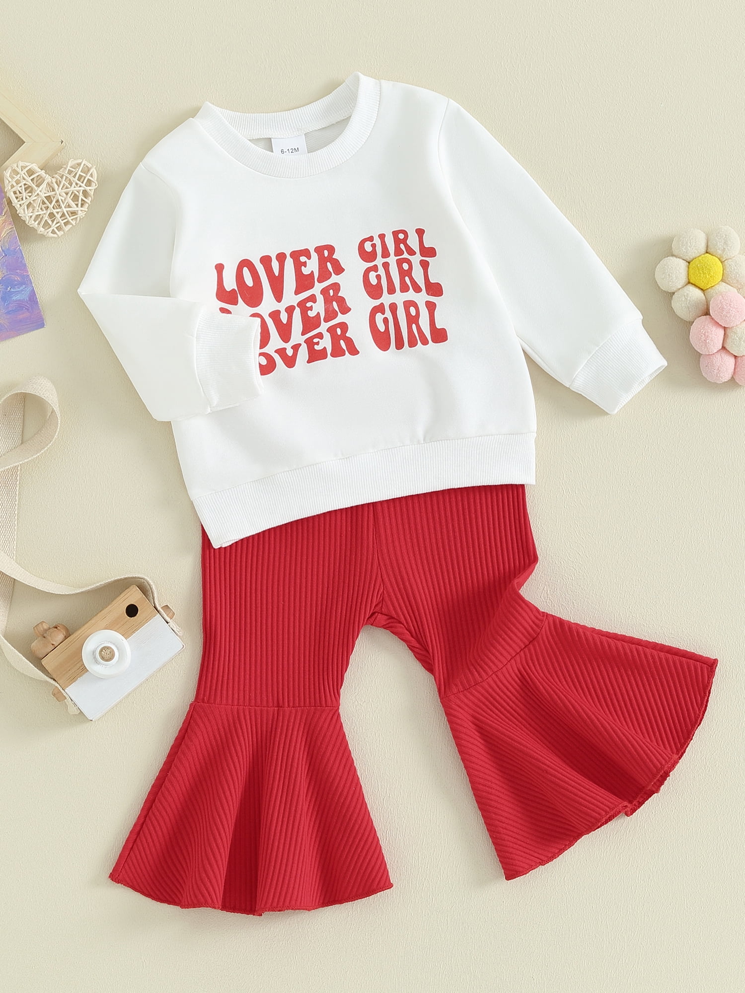 Emmababy Gorgeous Baby Girl Valentine’s Day Outfit with Sweatshirt and Ribbed Flare Pants