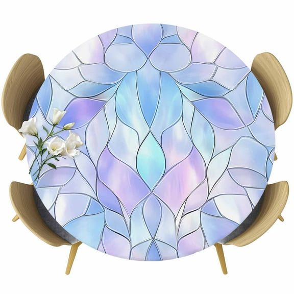 Stained Glass Round Tablecloth 45-54 Inch Round Fitted Table Cloth with Elastic Edge, Blue Purple Floral Geometric Waterproof Table Cover Protector for Outdoor Picnic Party Dining