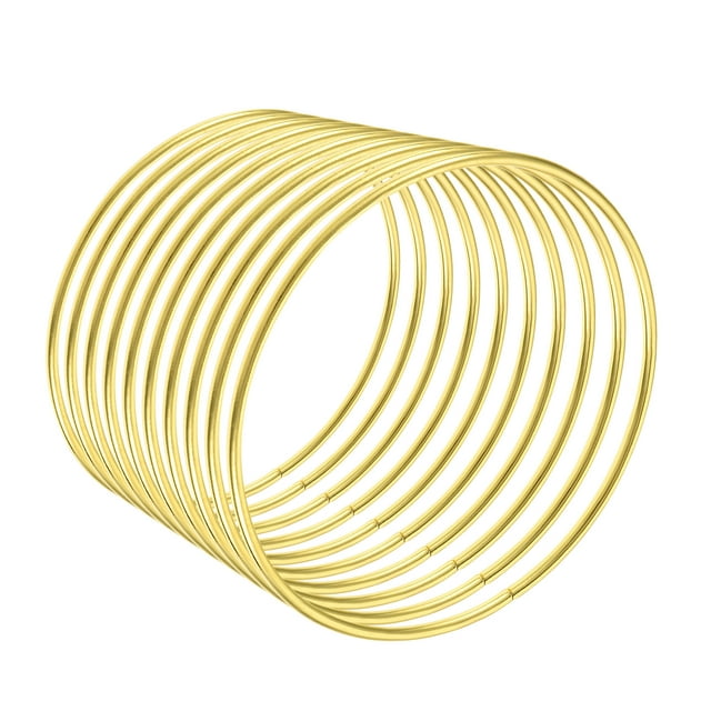 Unique Bargains 100mm (4') OD Metal Craft Hoops Rings in a gold tone, made of smooth, non-welded iron with an electroplated finish to resist oxidation. The pack includes 10 rings, each with a 100mm (4-inch) outer diameter and 3mm (0.12-inch) thickness. Suitable for creating wreaths, lace items, bag handles, and wall hanging crafts, as well as Christmas and wedding decorations.