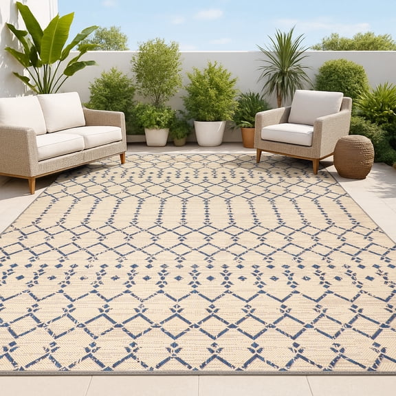 JONATHAN Y SANTA MONICA 3 x 5 Area Rug, Ourika Moroccan Geometric Textured Weave - Beige/Navy, SMB108H-3