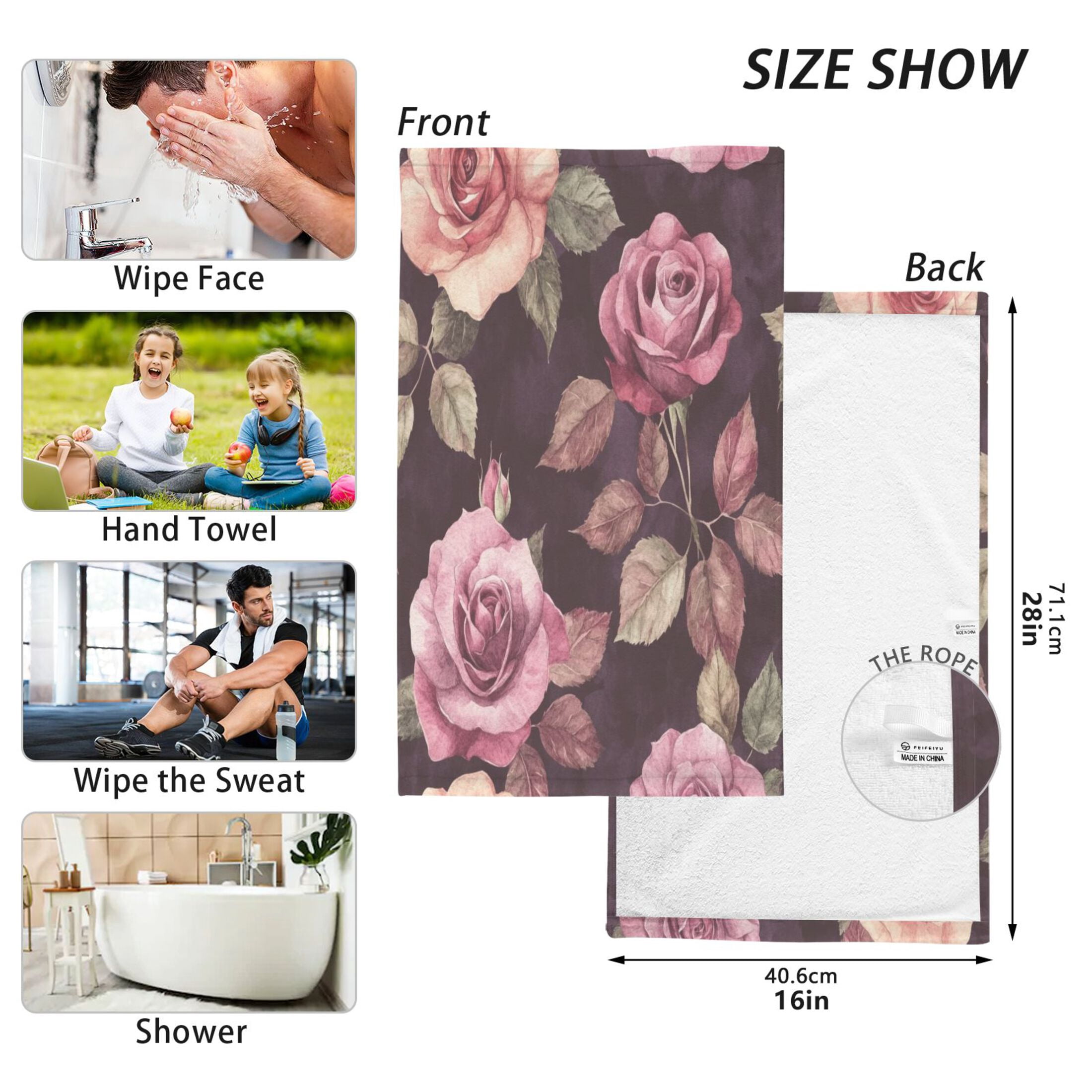 Cotton Towel Two-Piece 16x28 Inch One Sizex2 Face Towel Set Towel Set Cotton Hand Bath Towel Bathroom Beach Maroon Roses Seamless