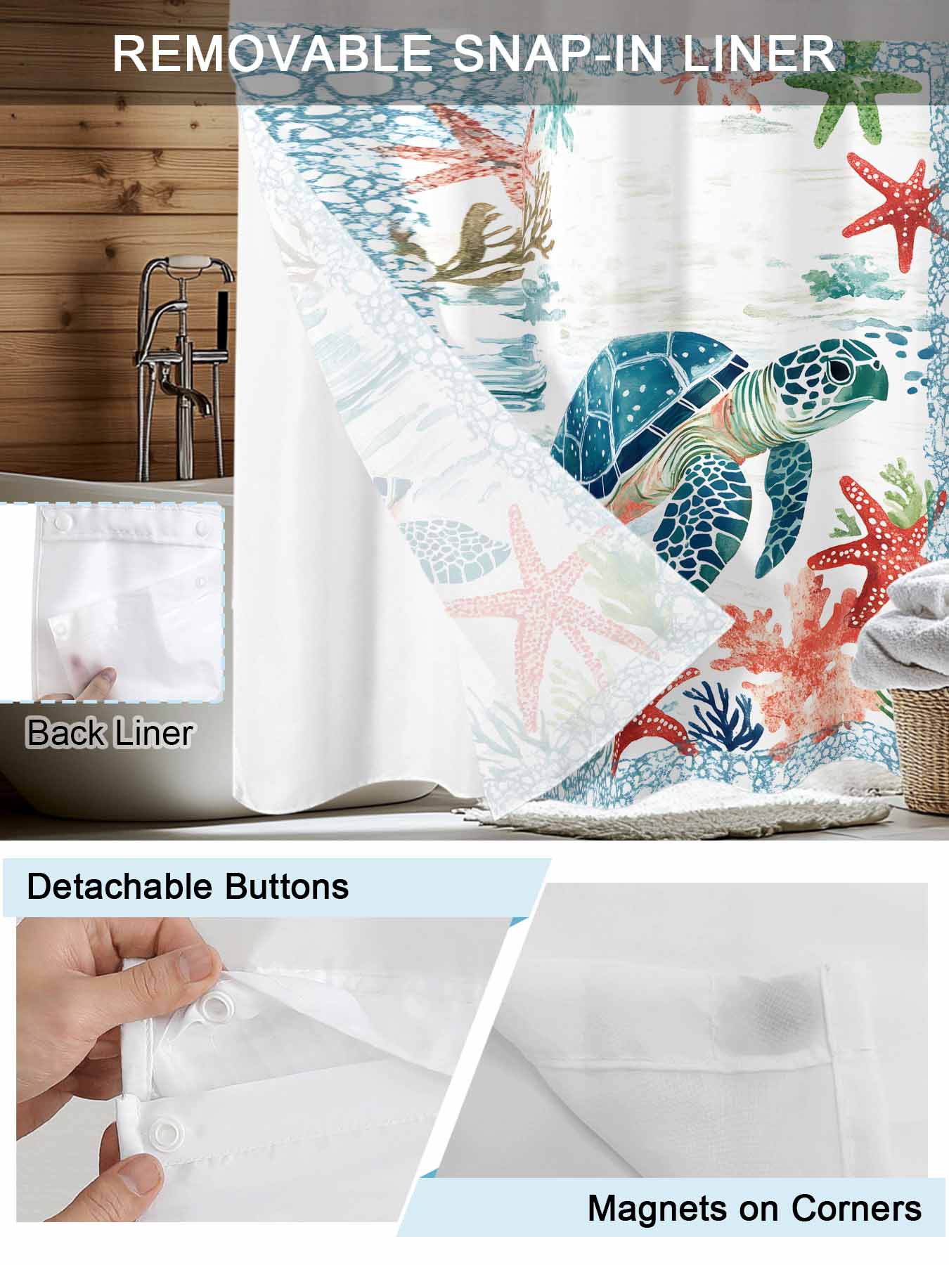 No Hook Shower Curtain with Snap in Liner,Nautical Blue Sea Turtle Starfish Waterproof Bath Curtain Double Layers with See Through Top Window,Ocean Coral Retro Border Hotel Shower Curtains 60x72in