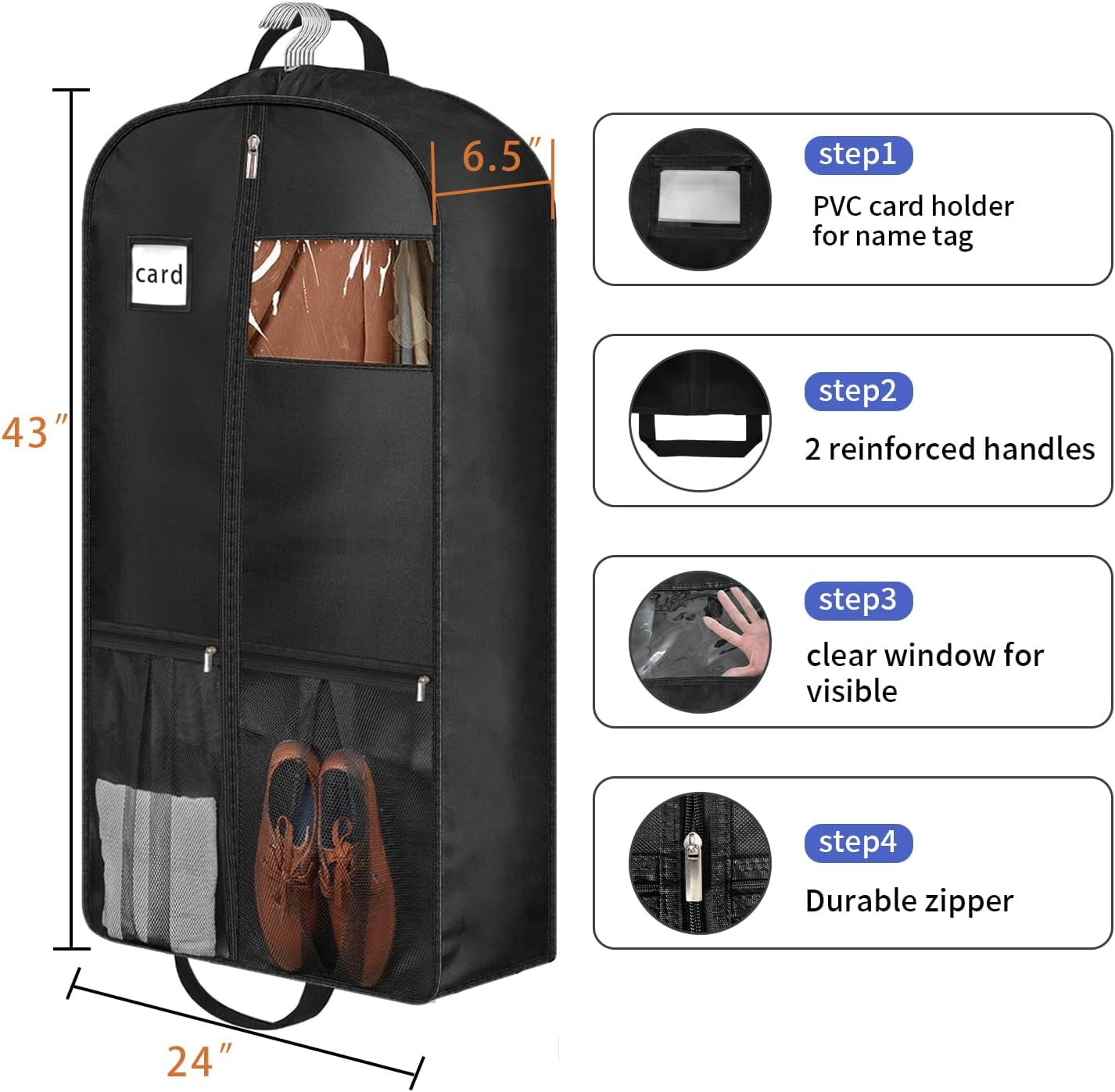 43" Heavy Duty Garment Bags for Travel 6.5" Gusseted Suit Closet Storage 2 Handles Hanging Clothes Bag with Pocket Mens Cover Shirts Coats Dresses Holder Pack