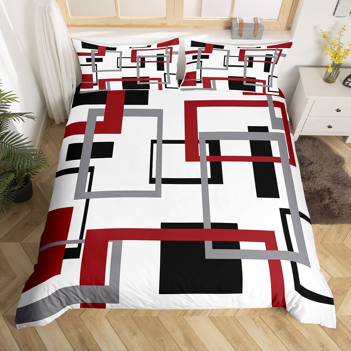 YST Square Duvet Cover for Teens Youth,Black White Red Bedding Set