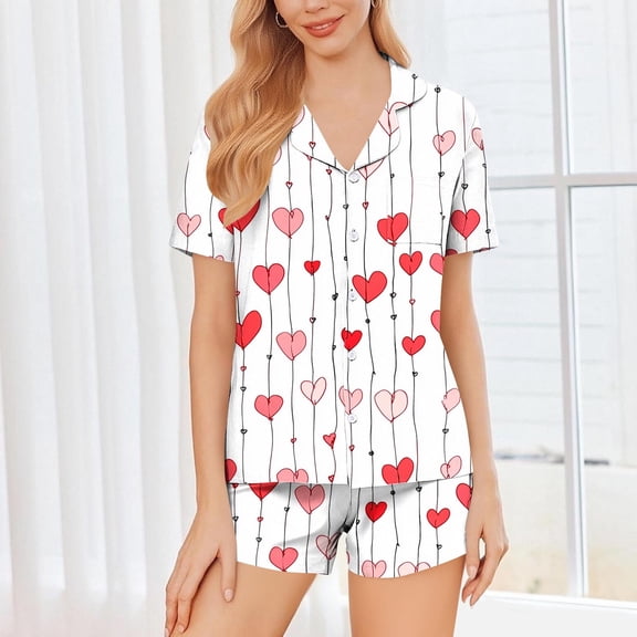 Fewfanhot Women's Valentine Sleepwear Set - Turndown Button Print Short Sleeve Blouse and Short Pants Comfort Loungwear,S-2XL