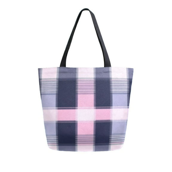 Durable Canvas Tote Bag with Zip Pocket Bags for Woman Shoulder Versatile Carryall for Everyday Use Pink and Navy Blue Lattice