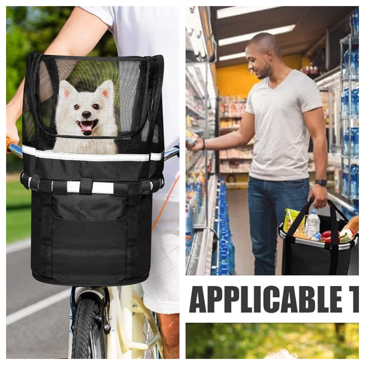 FANGNISN Upgraded Bike Basket Folding with Zippered Skylight Opening, Small Pet Cat Dog Carrier Front Removable Bicycle Handlebar Bag, Cycling Holder Storage Basket Black