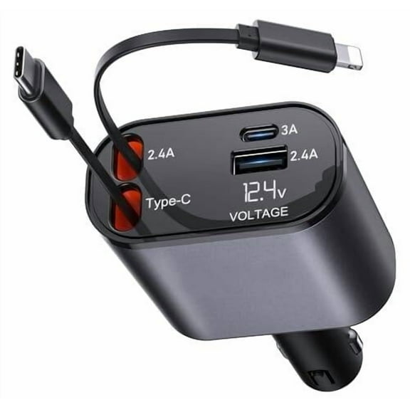 Retractable Car Charger 100W,4 in 1 Fast Car Phone Charger,2 Retractable Cables 31.5 Inch and 2 USB Ports,Compatible with iPhone 15/14/13/12/11 Pro Max/XR/XS,Samsung,Pixel,iPad/iPod
