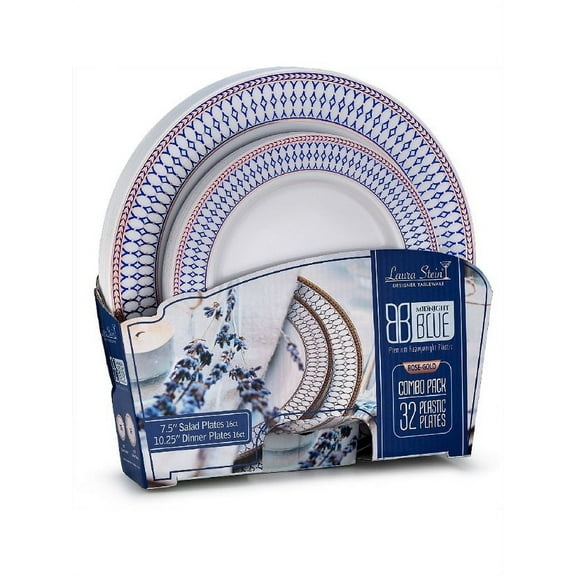 Midnight Blue Collection Combo Pack - White w/Blue & Rose Gold Border Dinner and Salad Plates, 32 count