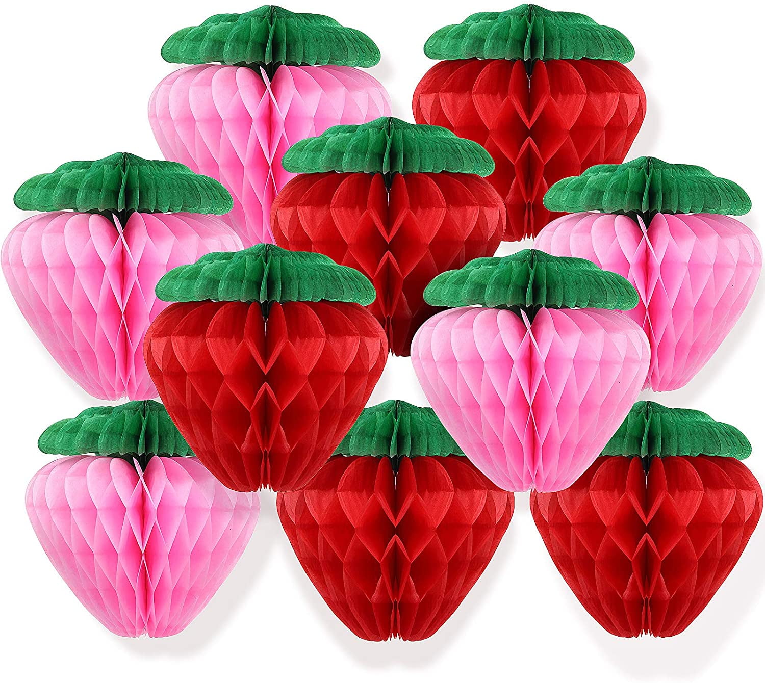 10 Pieces 6 Inch Paper Strawberry Honeycomb Ball Tissue Paper Strawberry Ball for Strawberry Birthday Party Decoration (Red and Pink)