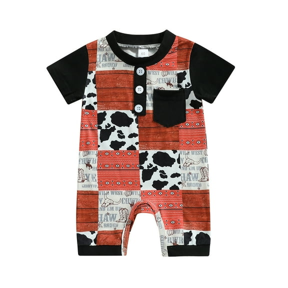 Baby Boys Western Baby Boy Girl Summer Clothes Cow Print Onesie Short Sleeve Romper Playsuit Jumpsuit Shorts Cowboy Outfit (