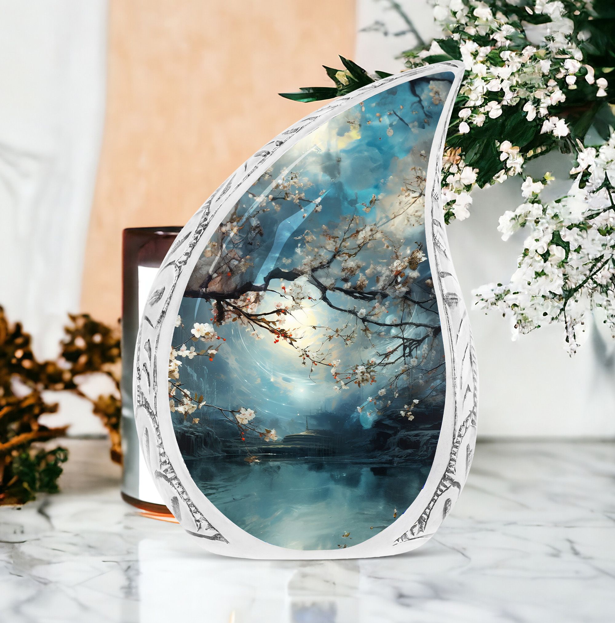 Funeral Large Blue Forest Urns For Human Ashes Adult Mom And Dad - Memorial Handcrafted Urn For Human Ashes Adult Men And Women - Burial Gift For Decorative - 10Inch And 200Lbs Include Velvet Bag