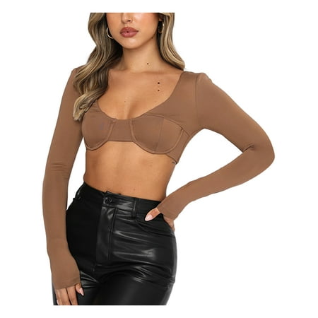 

KOMOO Women Corset Crop Tops Low Cut VNeck Long Sleeve T-Shirt Slim Fit Blouse Streetwear Party Clubwear