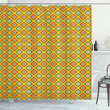 Abstract Shower Curtain, Digitally Generated Geometric Print of Square Shapes, Fabric Bathroom Set with Hooks, 69W X 70L Inches, Earth Yellow Multicolor, by Ambesonne