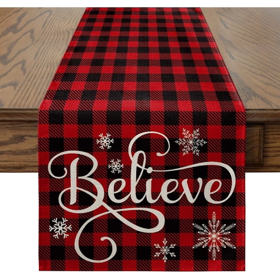 Smile Believe Winter Christmas Table Runner 13 x 72 Black Red Buffalo Plaid