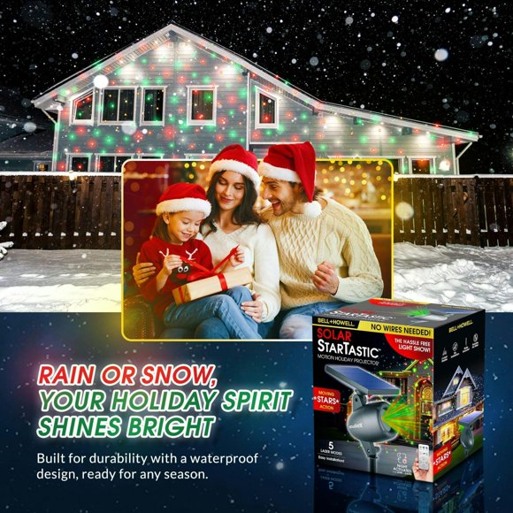 Refurbished Bell and Howell Solar Startastic Solar-Powered LED Holiday Projector, Red and Green Laser Patterns, Remote Control, Weatherproof, Covers 600 Sq Ft, Model 6032