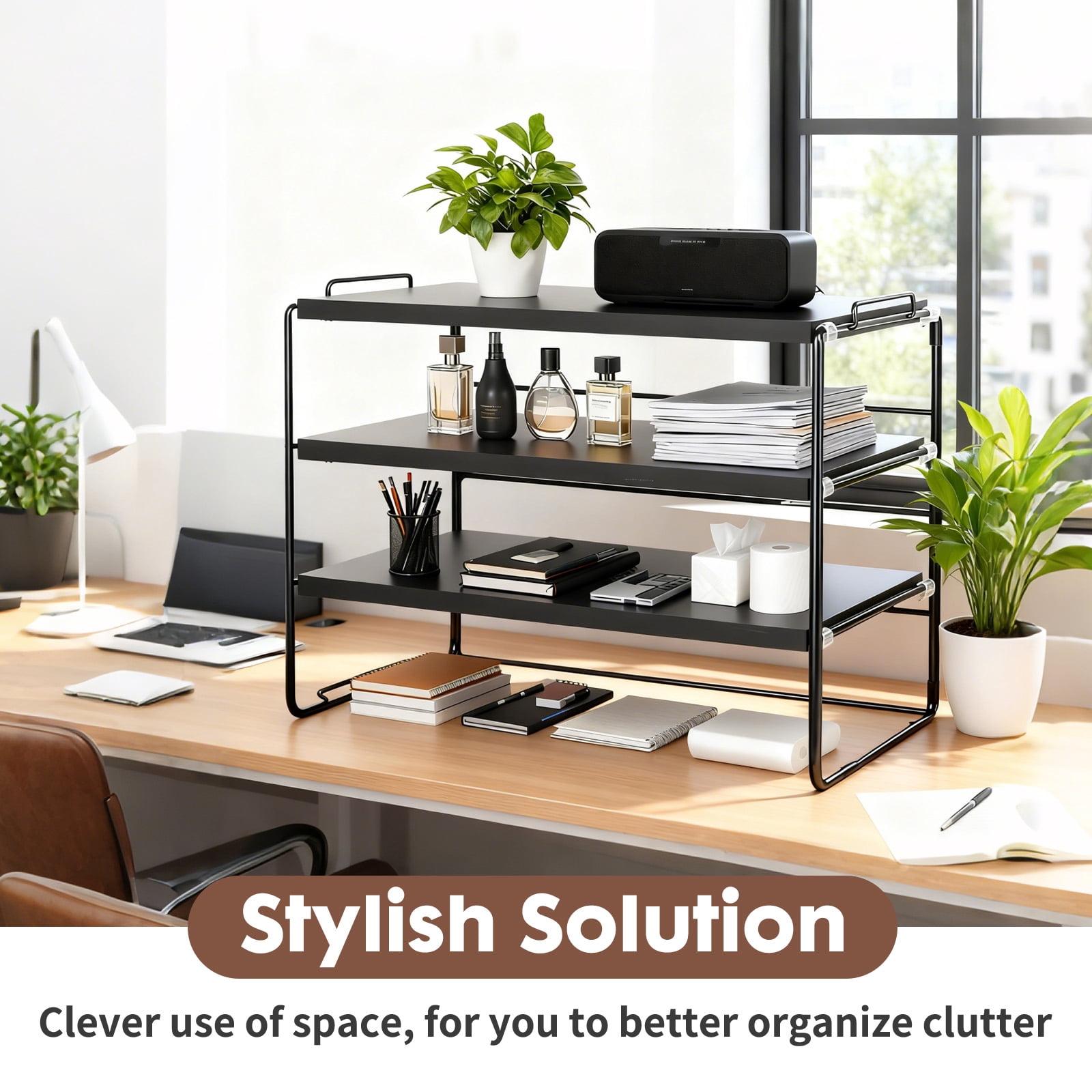 YOYTOO Desk Shelf Organizer, 3 Tier Desktop Organizers Storage Shelves Tabletop Bookshelf for Home Office, Black