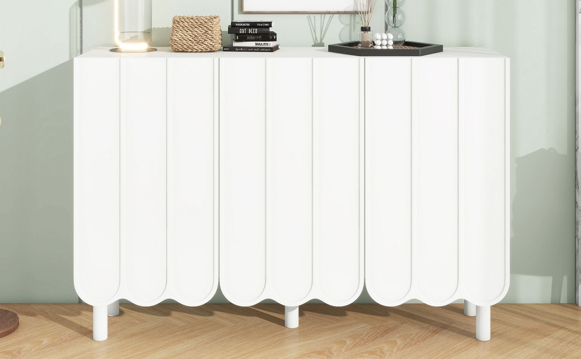 MAYEERTY Cream Style Minimalist Shoe Cabinet with 5 Solid Wood Legs, Sideboard Buffet Cabinet with Adjustable Shelves, Large Storage Cabinet with Wave Doors for Living Room, White