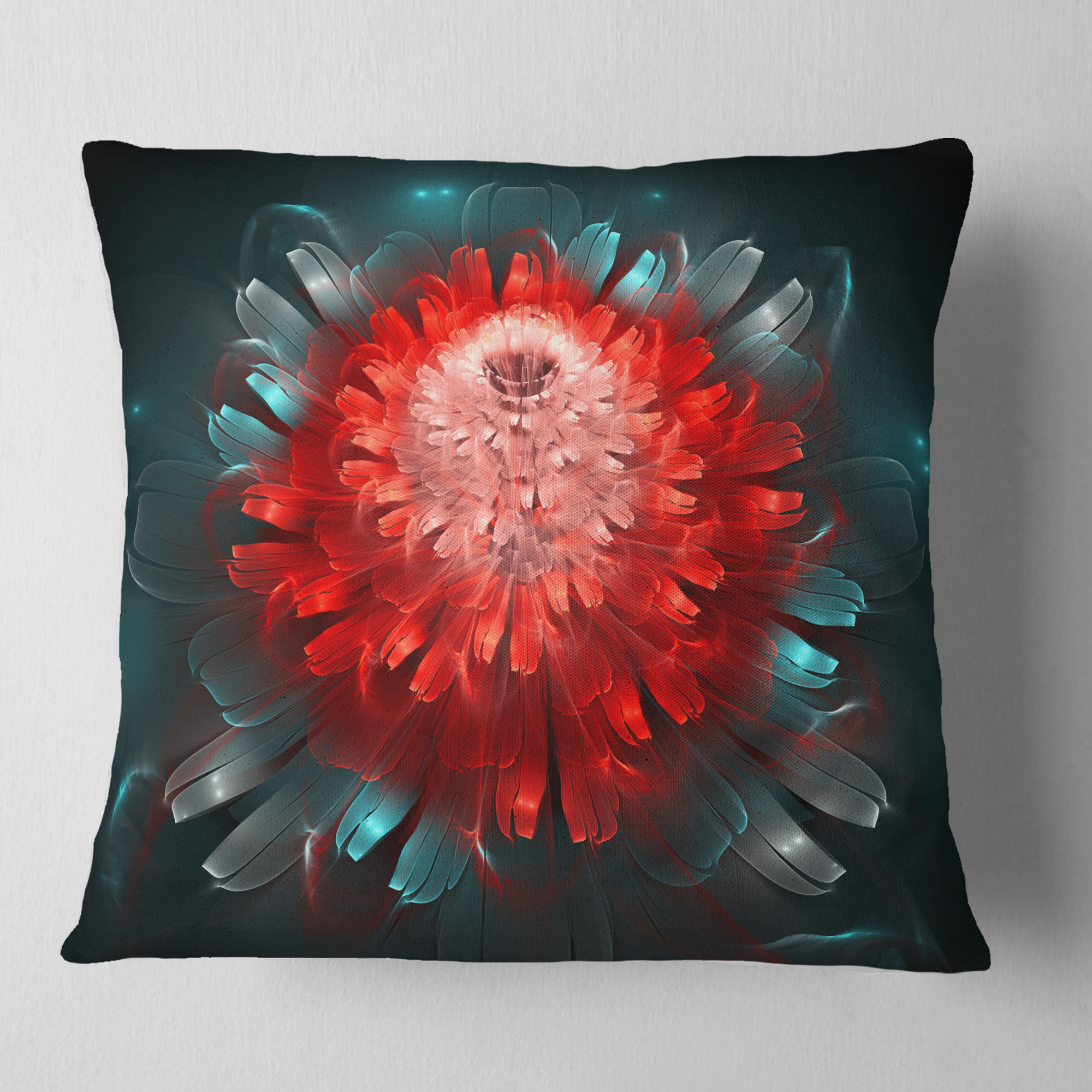 Designart Fractal Red N Blue Flower - Floral Throw Pillow - 16x16