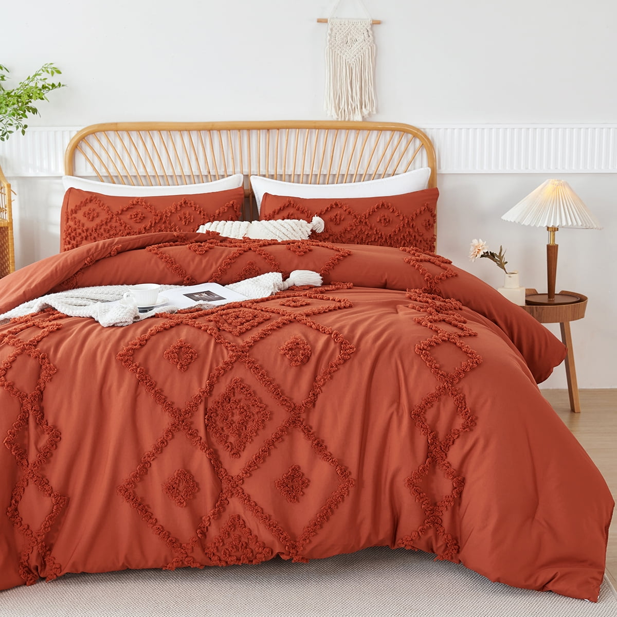 RYNGHIPY Terracotta Tufts Jacquard 3 Pcs Comforter Set Full Diamond Textured Bedding Set for Girls Kids Women Boho Style Bedding-All Seasons (Full, Caramel)