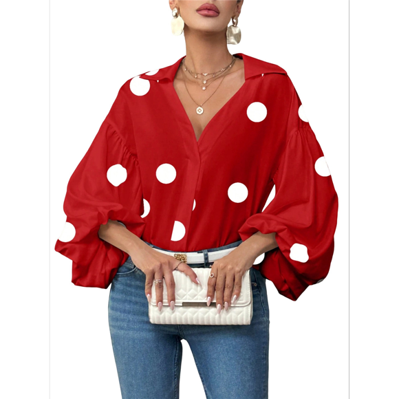 Women's French Polka Dot Half-Open Collar Loose Bubble Long Sleeve Top Red Polka Dots M