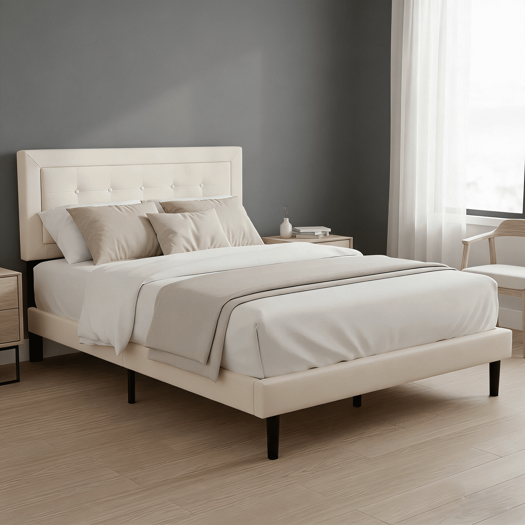 Full‑Size Beige Upholstered Platform Bed Frame, Soft Headboard with Solid Wood Slat Support, Sturdy Bedroom Bed Base