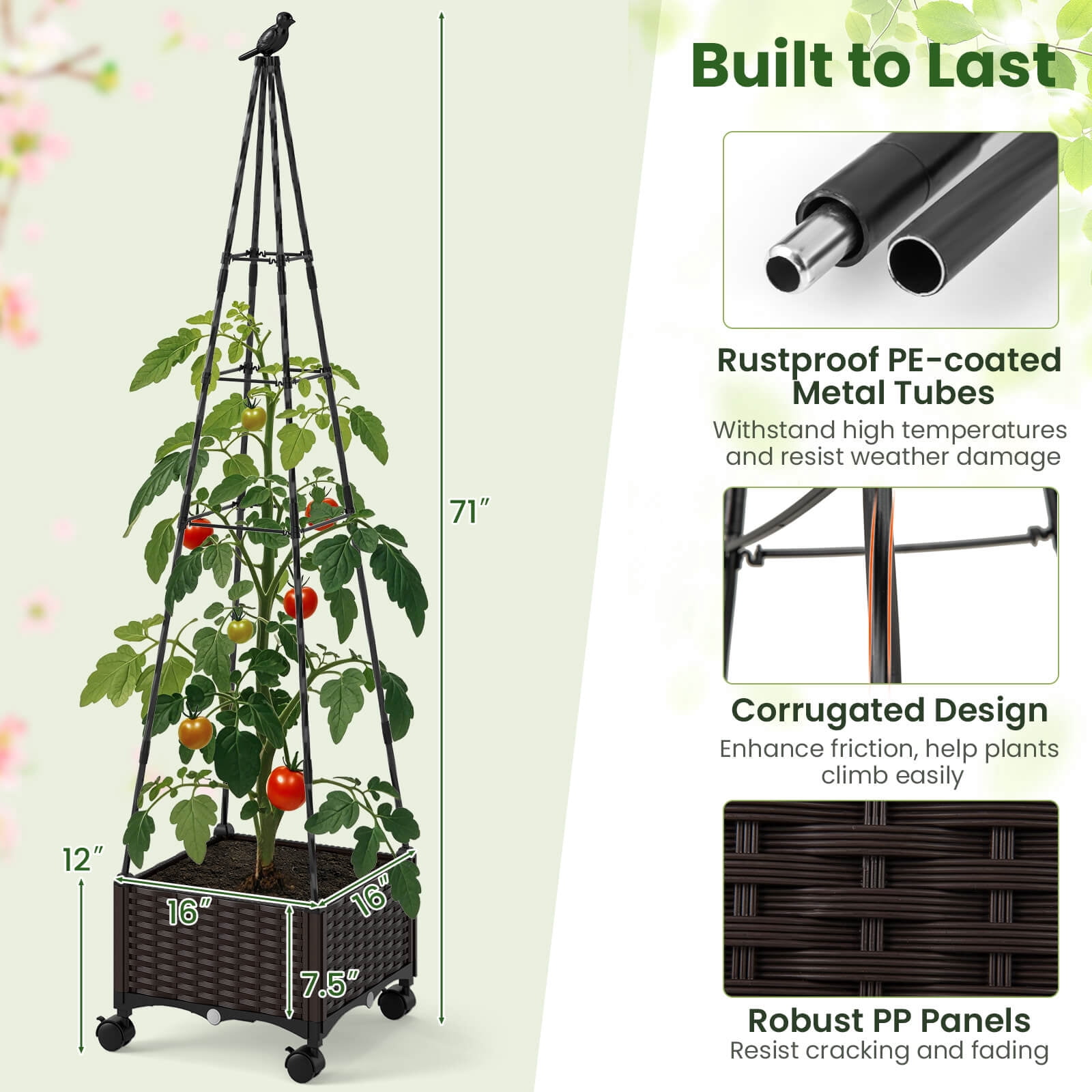 Costway 2 PCS Raised Garden Bed with Plant Box & Obelisk Trellis Lockable Wheels Cage Planter