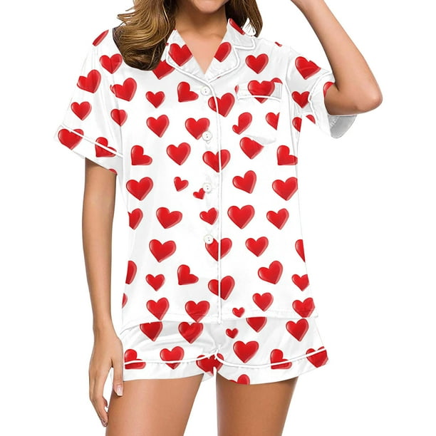 Conjunto de Verano para las Mujeres Día de San Valentín Amor Impreso Cuello de Manga Corta con Pantalones Cortos, Poliéster Ligero para el Uso Informal