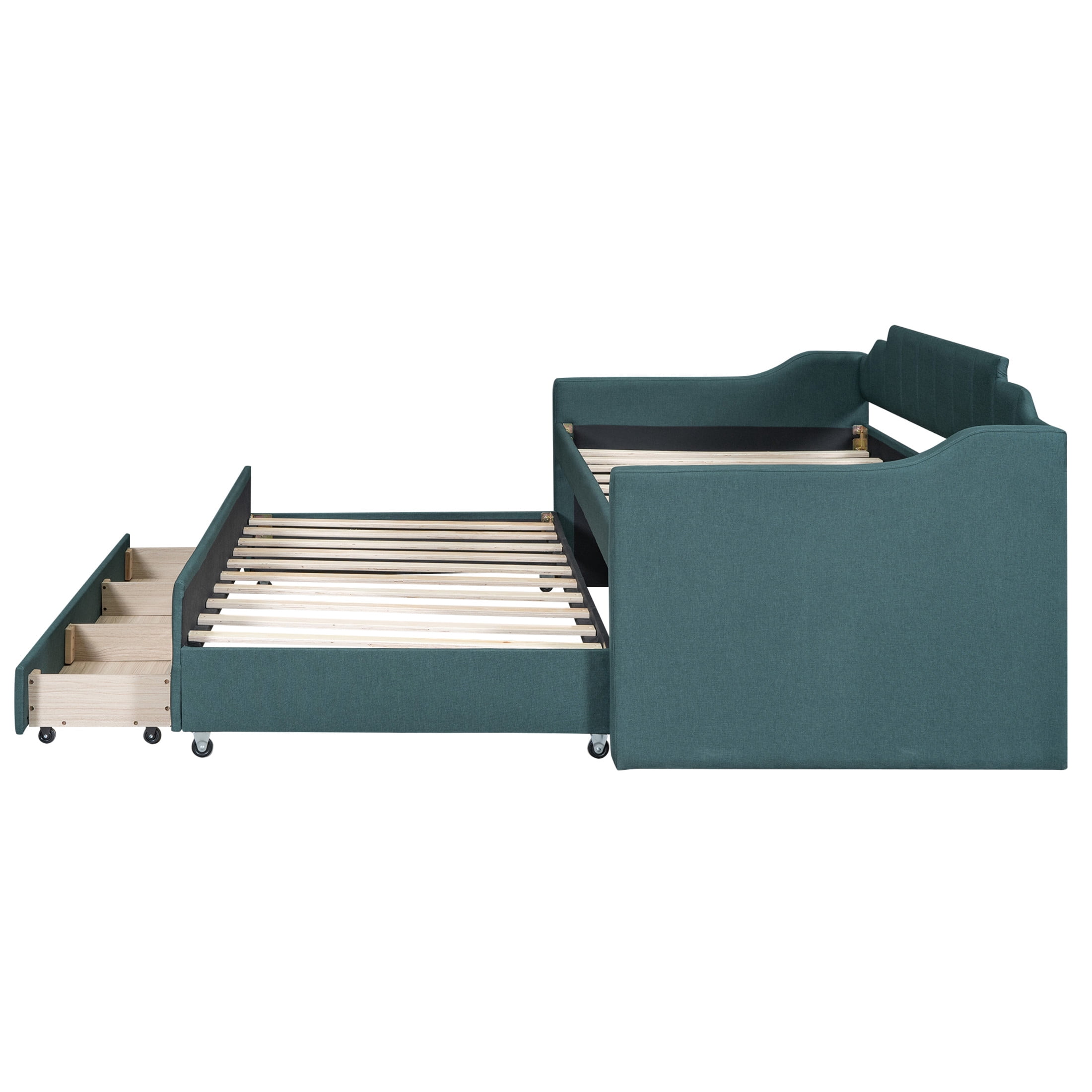 Noble House Norwick Twin Linen-Blend Upholstered Daybed with Trundle and Storage Drawers, Green