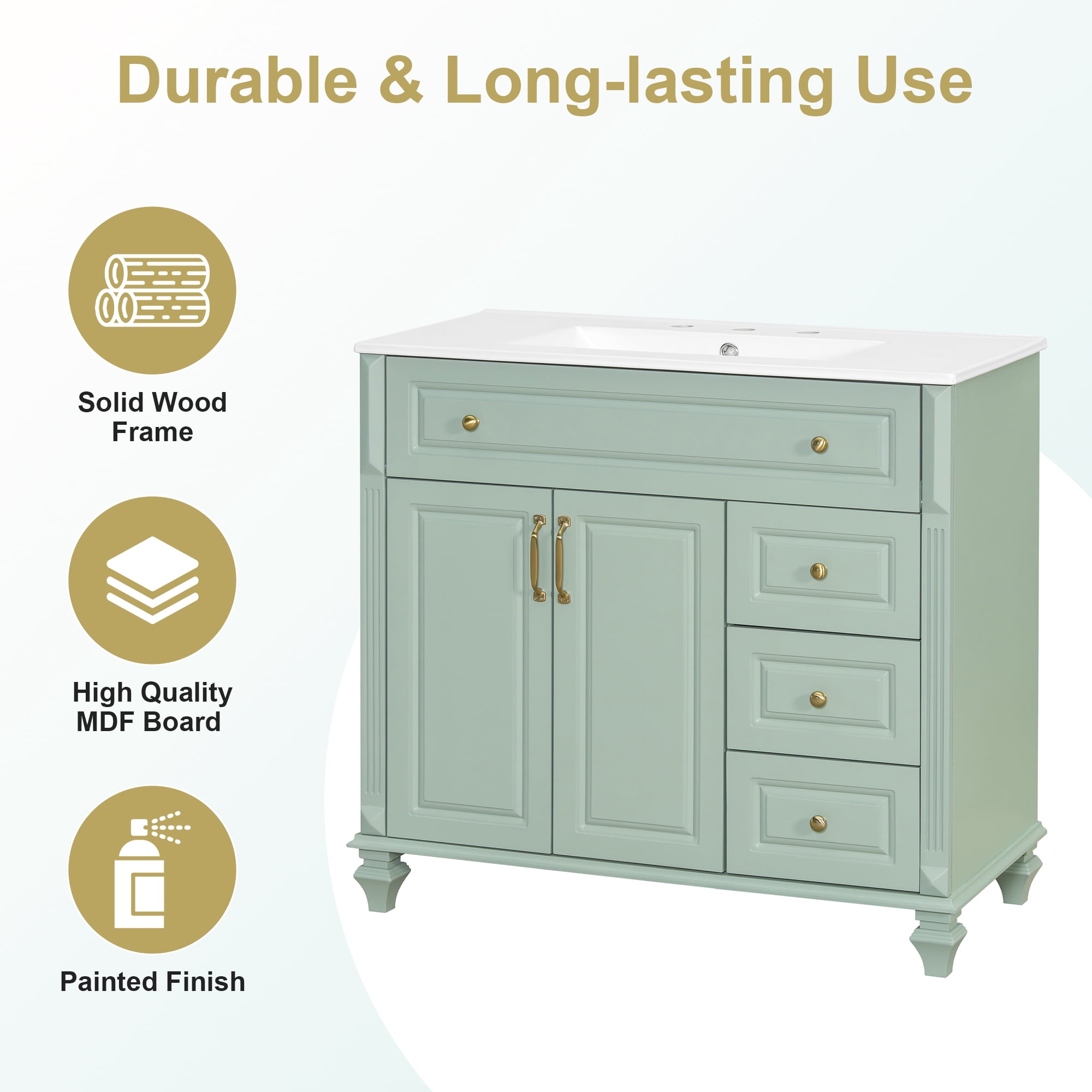 Euroco 36" Bathroom Vanity with Sink, Green Solid Wood Bathroom Cabinet with Flip Drawer, 3 Drawers & 2 Doors, Elegant Design with Golden Metal Handles, Modern MDF Vanity