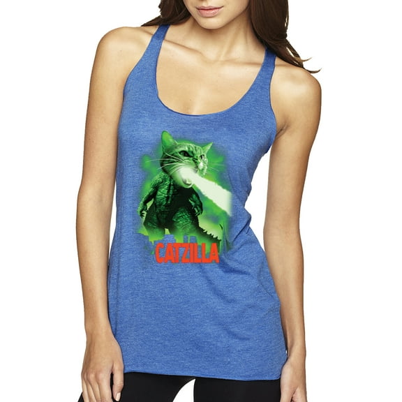 Catzilla Parody Taking Over City | Womens Cat Lover Premium Tri-Blend Racerback Tank Top, Vintage Royal, Large