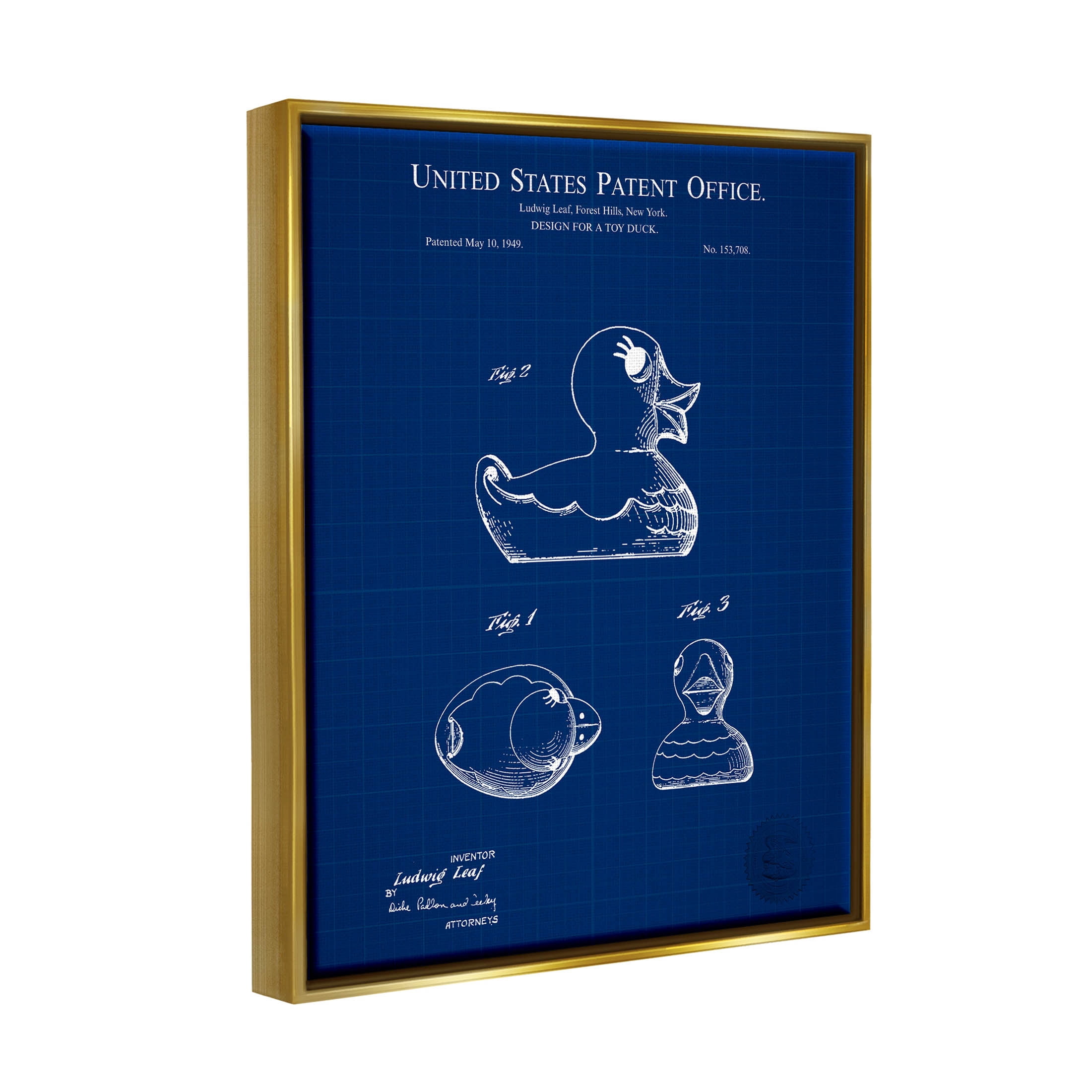 Stupell Industries Toy Duck Blueprint Patent Graphic Art Metallic Gold Floating Framed Canvas Print Wall Art, Design by Karl Hronek