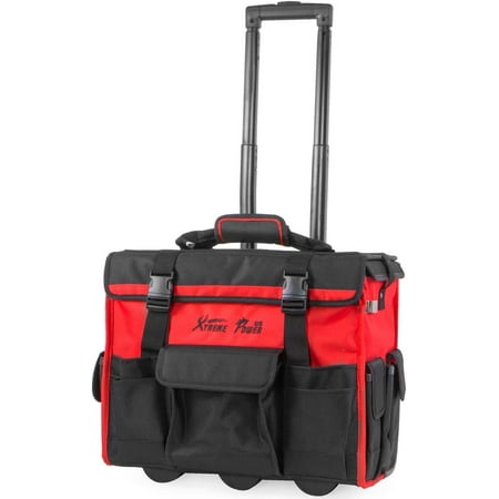 

18 Rolling Tool Bag Organizer Adjustable Telescoping Handle Wide Storage Organizer Tool Box with Wheels Red/Black