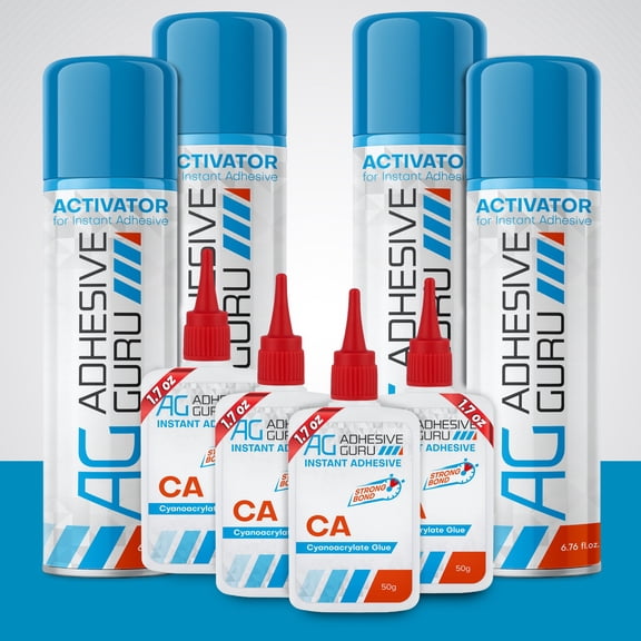 Adhesive Guru Professional CA Glue and Activator 4-Pack, Industrial Strength Super Glue, Fast Curing Adhesive Set for Wood & Plastic