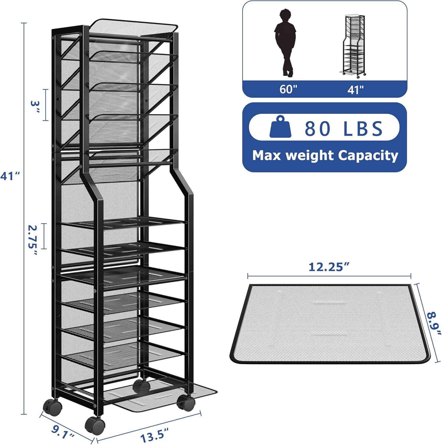 12-Tier Rolling File Cart with Sliding Trays, Metal Mesh Organizer for Office , Black