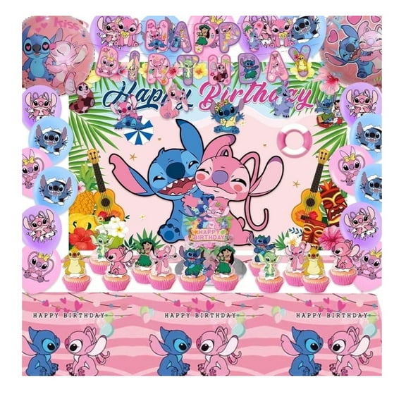 Pink Birthday Decorations Birthday Banner,Backdrop,Balloons,Cake Topper,Cupcake Toppers,Hanging Swirls,Tablecloth for Lilo Birthday Party Decorations Party Supplies